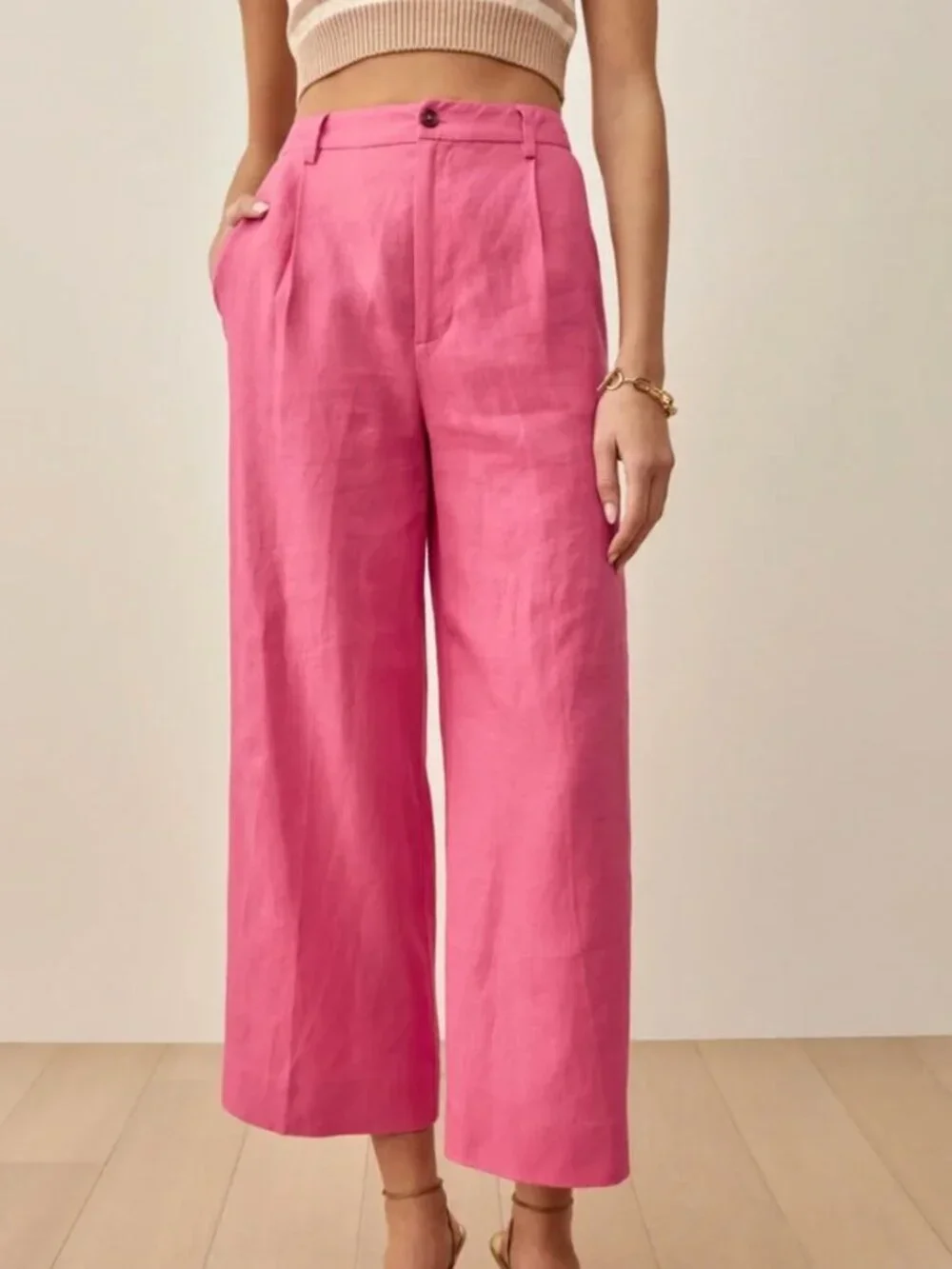 REFORMATION Women 2 High Waist Boho Classy Pink Wide-Leg 100% Linen Pants